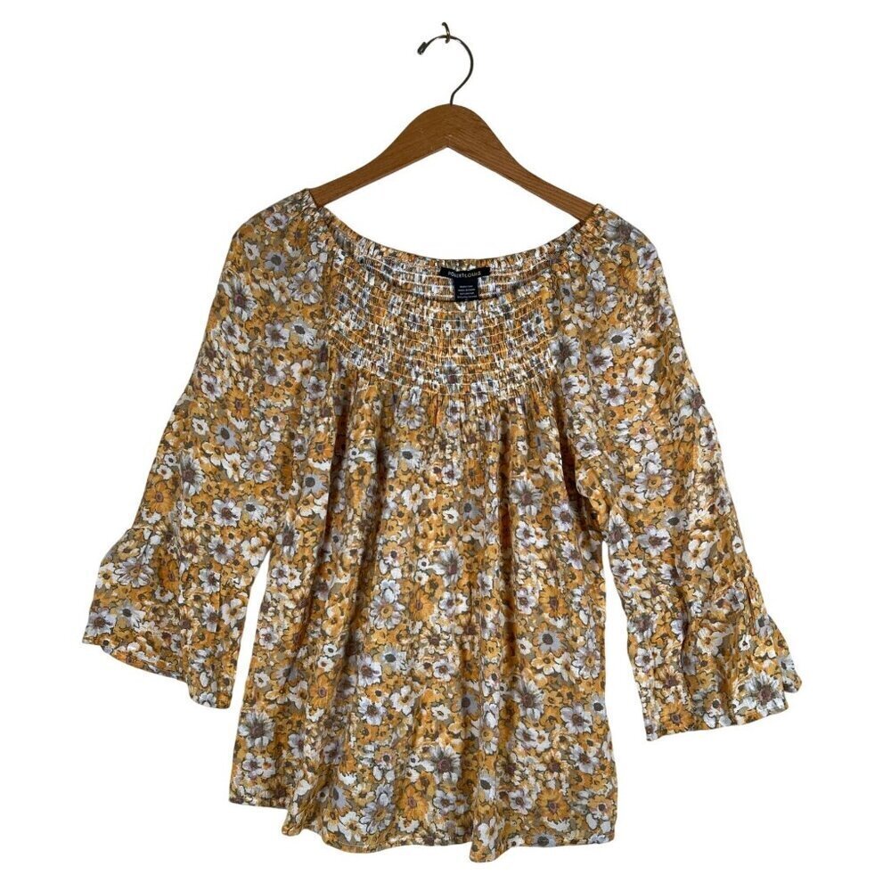 Robert Louis Womens Size L Yellow Floral Boho Baby Doll Top Pullover Bell Sleeve
